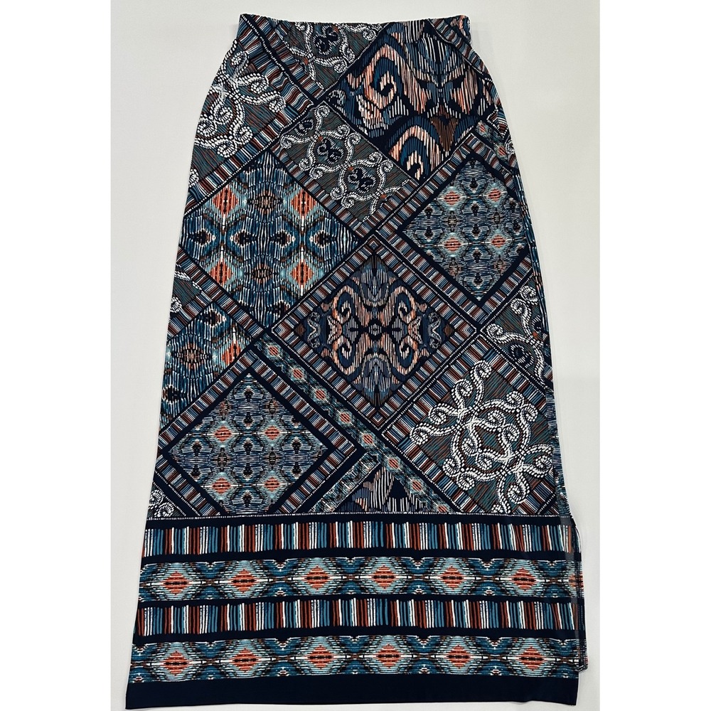 Cato Womens Navy Blue Geometric Patchwork Print Elastic Waist Maxi Skirt Size M